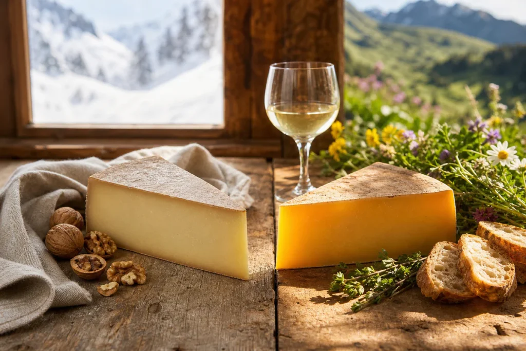 Two wedges of Beaufort cheese presented in a winter and summer Savoyard table setting with bread and white wine.