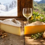 Two wedges of Beaufort cheese presented in a winter and summer Savoyard table setting with bread and white wine.