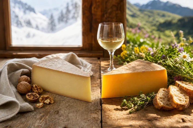 Two wedges of Beaufort cheese presented in a winter and summer Savoyard table setting with bread and white wine.