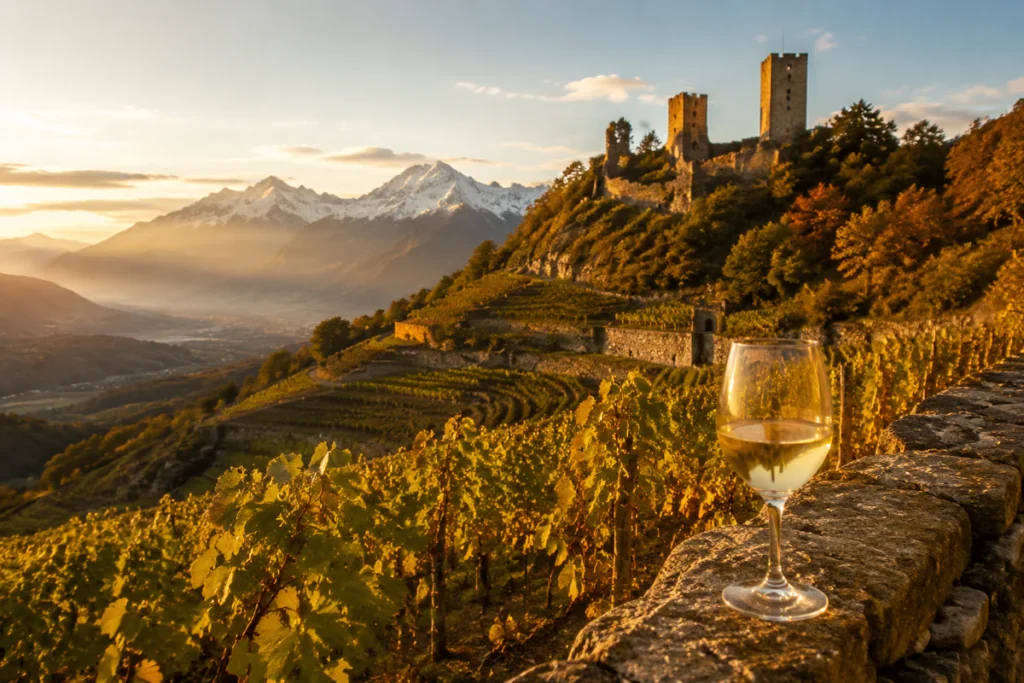Terraced roussanne vineyards below the medieval towers of Chignin in Savoie, with a glass of golden white wine in the foregro