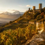 Terraced roussanne vineyards below the medieval towers of Chignin in Savoie, with a glass of golden white wine in the foregro