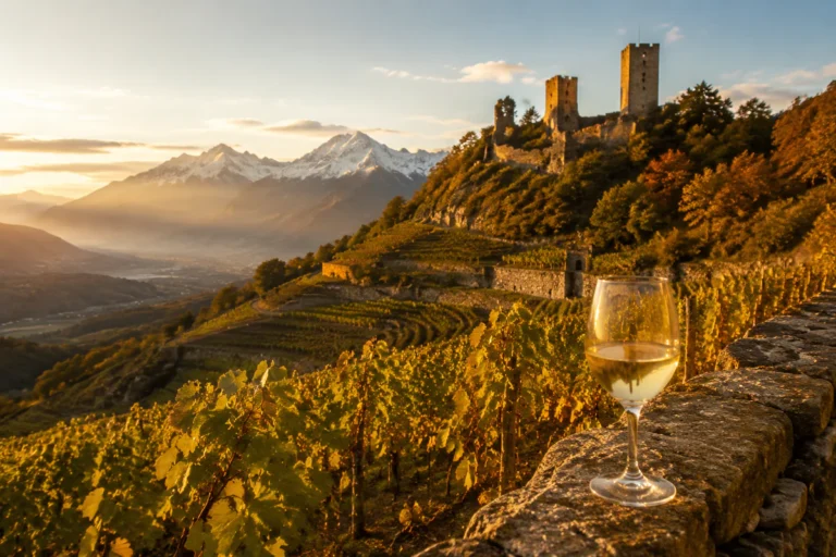 Terraced roussanne vineyards below the medieval towers of Chignin in Savoie, with a glass of golden white wine in the foregro