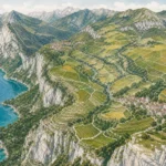 Illustrated alpine vineyard map landscape with fragmented Savoie wine parcels, lakes, slopes, valleys, and villages.