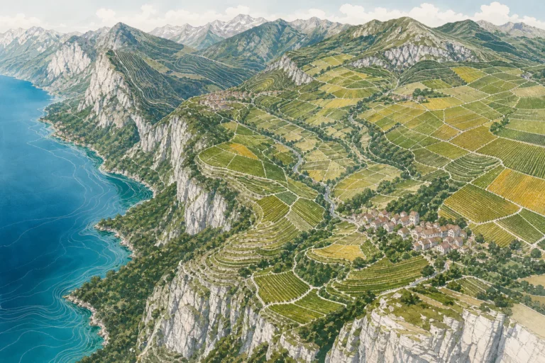 Illustrated alpine vineyard map landscape with fragmented Savoie wine parcels, lakes, slopes, valleys, and villages.