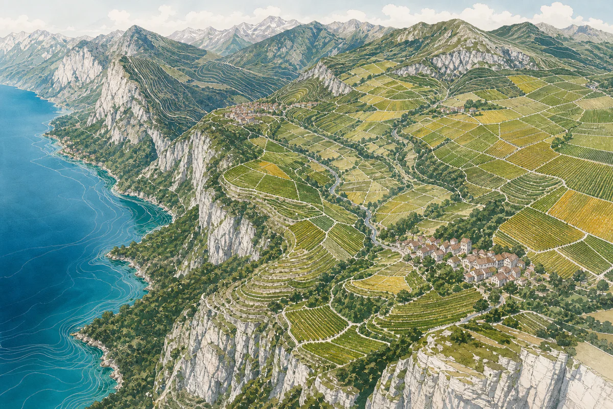 Illustrated alpine vineyard map landscape with fragmented Savoie wine parcels, lakes, slopes, valleys, and villages.