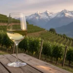 Glass of golden chardonnay wine on a wooden table overlooking terraced alpine vineyards with snow-capped Savoie mountains in