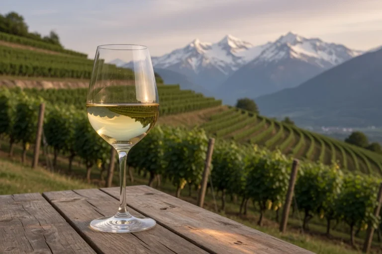 Glass of golden chardonnay wine on a wooden table overlooking terraced alpine vineyards with snow-capped Savoie mountains in