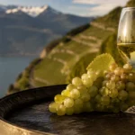Grappe de raisin chasselas doré posée près d'un verre de vin blanc, avec en arrière-plan des vignobles en terrasse entre Savo