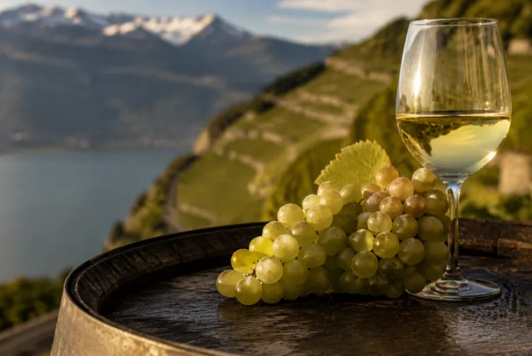 Grappe de raisin chasselas doré posée près d'un verre de vin blanc, avec en arrière-plan des vignobles en terrasse entre Savo
