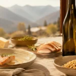 A bottle and glass of Chignin-Bergeron arranged with refined Savoyard dishes including trout, crozets, poultry, and mountain