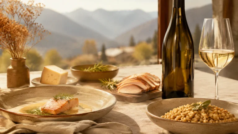 A bottle and glass of Chignin-Bergeron arranged with refined Savoyard dishes including trout, crozets, poultry, and mountain