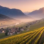 Sunlit vineyards on alpine slopes overlooking the Combe de Savoie valley with villages and mountains in the distance.