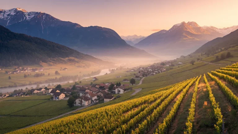 Sunlit vineyards on alpine slopes overlooking the Combe de Savoie valley with villages and mountains in the distance.