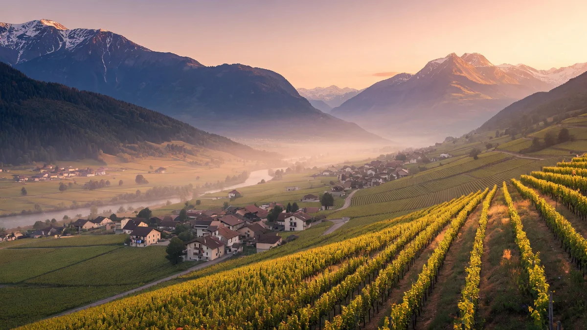 Sunlit vineyards on alpine slopes overlooking the Combe de Savoie valley with villages and mountains in the distance.