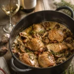 Coq au vin blanc au four servi dans une cocotte en fonte avec sauce crémeuse, lardons et champignons, accompagné d'un verre d