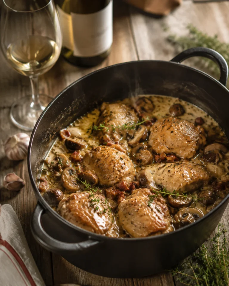 Coq au vin blanc au four servi dans une cocotte en fonte avec sauce crémeuse, lardons et champignons, accompagné d'un verre d