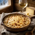 A rustic dish of traditional buckwheat crozets gratin with melted Savoie cheese and a glass of white wine on an alpine wooden