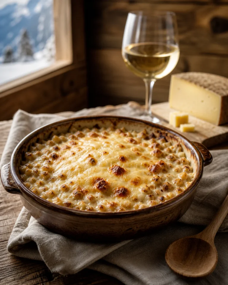 A rustic dish of traditional buckwheat crozets gratin with melted Savoie cheese and a glass of white wine on an alpine wooden