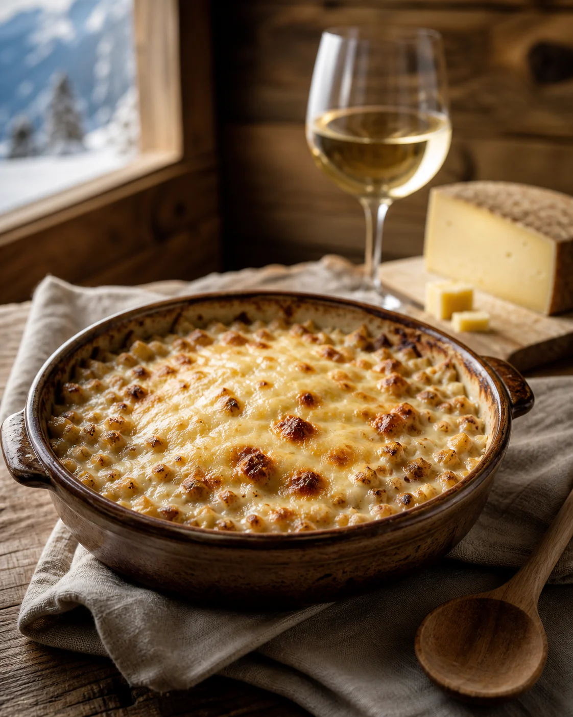 A rustic dish of traditional buckwheat crozets gratin with melted Savoie cheese and a glass of white wine on an alpine wooden