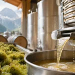Fresh white grapes being pressed into golden juice inside a clean modern Savoie winery