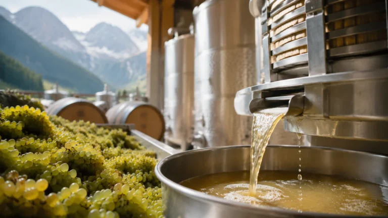 Fresh white grapes being pressed into golden juice inside a clean modern Savoie winery