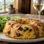 Un farcement savoyard authentique démoulé en couronne, strié de lard et de fruits secs, servi sur une table rustique avec sal