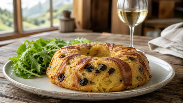 Un farcement savoyard authentique démoulé en couronne, strié de lard et de fruits secs, servi sur une table rustique avec sal
