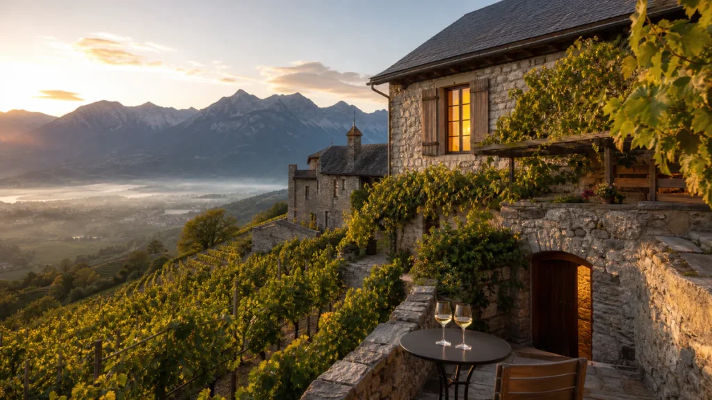 Chambre d'hôtes dans un domaine viticole savoyard au milieu des vignes avec montagnes en arrière-plan.