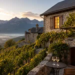 Chambre d'hôtes dans un domaine viticole savoyard au milieu des vignes avec montagnes en arrière-plan.