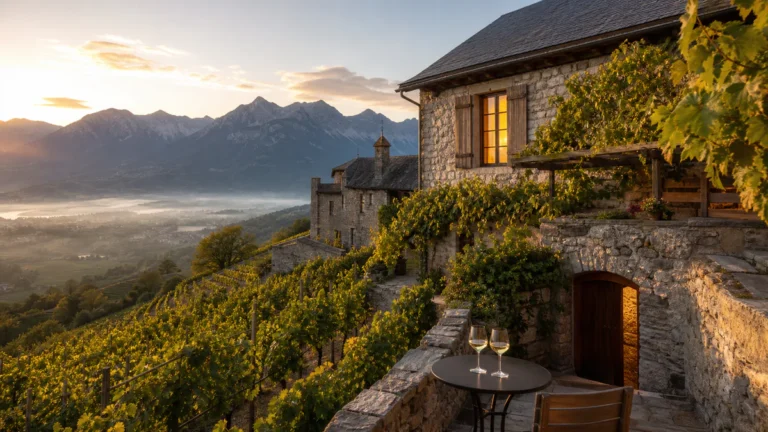 Chambre d'hôtes dans un domaine viticole savoyard au milieu des vignes avec montagnes en arrière-plan.