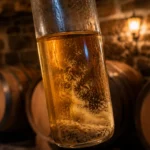 Gros plan sur un échantillon de vin de Savoie dans un tube en verre, laissant apparaître la lie en suspension sous forme de d
