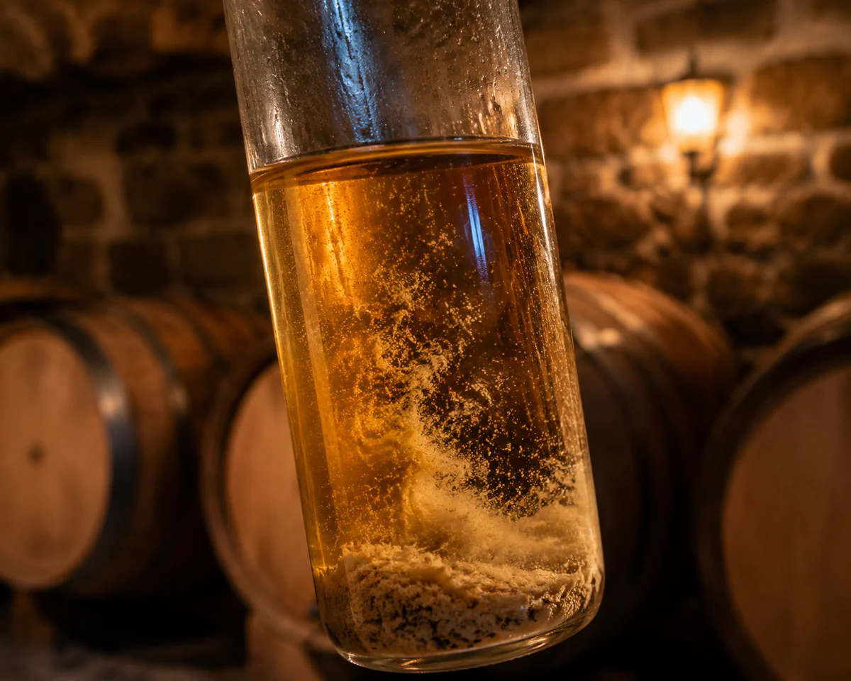 Gros plan sur un échantillon de vin de Savoie dans un tube en verre, laissant apparaître la lie en suspension sous forme de d