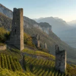 Medieval tower ruins above the vineyards of Chignin with the Chambéry valley and Alpine landscape in the distance.