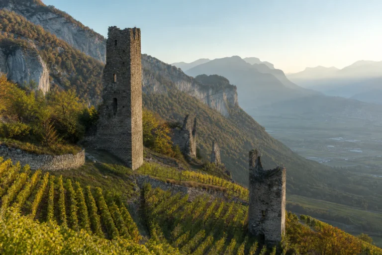 Medieval tower ruins above the vineyards of Chignin with the Chambéry valley and Alpine landscape in the distance.