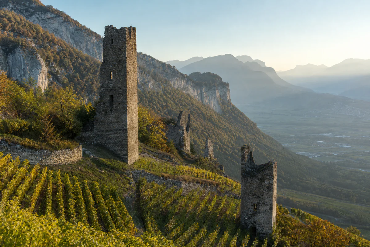 Medieval tower ruins above the vineyards of Chignin with the Chambéry valley and Alpine landscape in the distance.