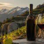 Bouteille de vin rouge et verre de dégustation devant les vignobles alpins de Savoie au coucher du soleil.