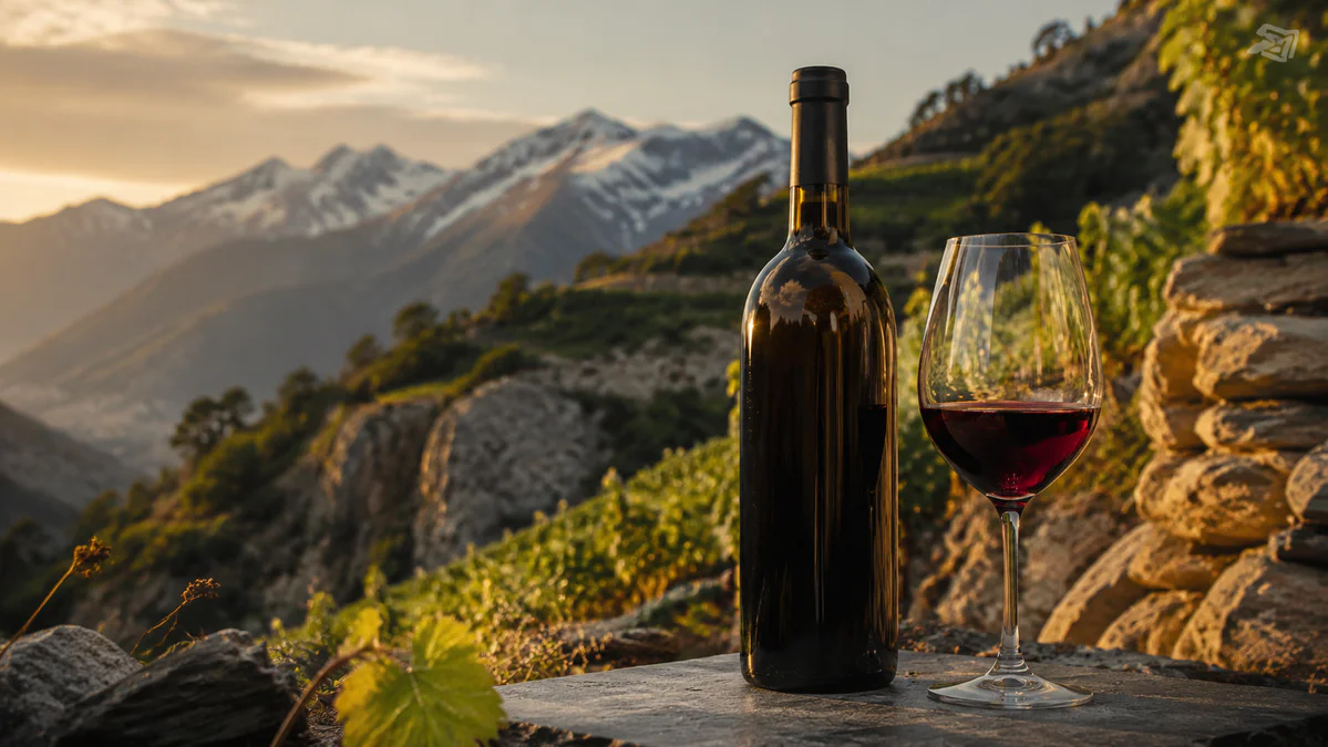 Bouteille de vin rouge et verre de dégustation devant les vignobles alpins de Savoie au coucher du soleil.
