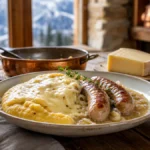Creamy Savoyard polenta with melted alpine cheese, diots sausages in white wine sauce, and a glass of Savoy wine on a rustic