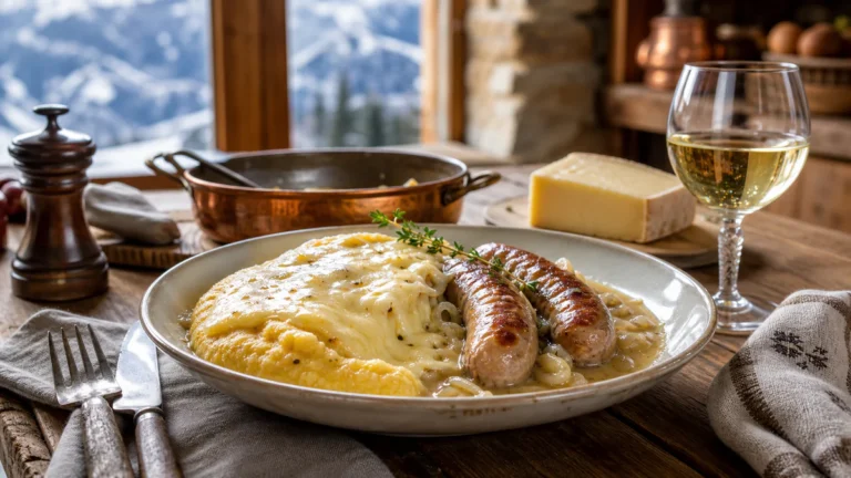 Creamy Savoyard polenta with melted alpine cheese, diots sausages in white wine sauce, and a glass of Savoy wine on a rustic