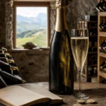 A bottle of Savoyard sparkling wine and a glass with fine bubbles photographed in a refined alpine wine cellar.