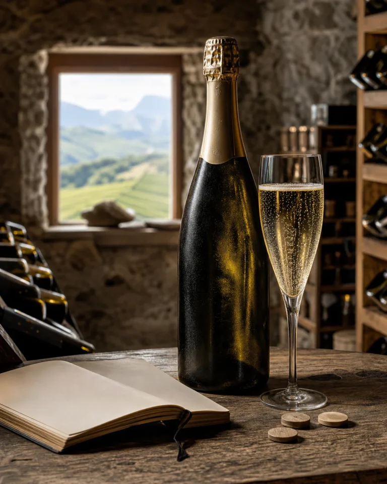 A bottle of Savoyard sparkling wine and a glass with fine bubbles photographed in a refined alpine wine cellar.