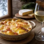 Tartiflette au Reblochon with melted cheese served beside a glass of dry Savoy white wine in an elegant Alpine dining scene.