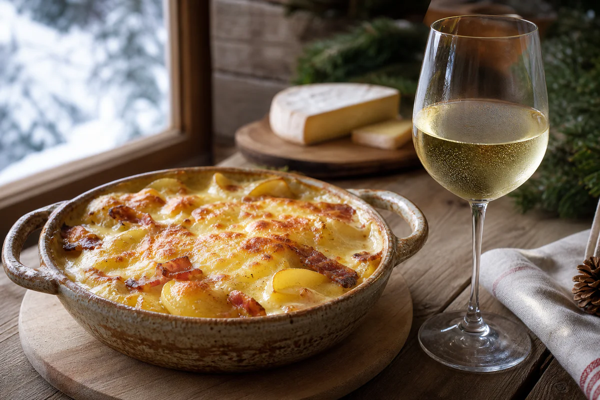 Tartiflette au Reblochon with melted cheese served beside a glass of dry Savoy white wine in an elegant Alpine dining scene.