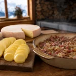 Sliced firm potatoes prepared for tartiflette with Reblochon, onions and lardons in a rustic Alpine kitchen setting.