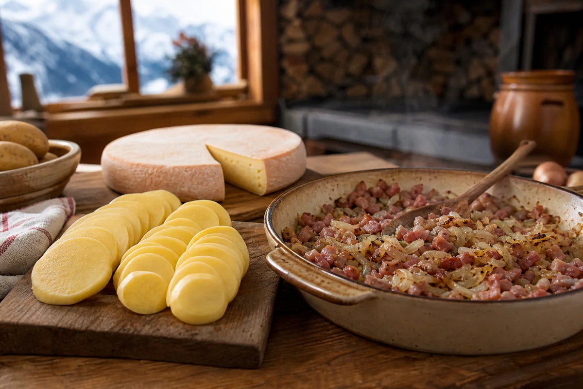 Sliced firm potatoes prepared for tartiflette with Reblochon, onions and lardons in a rustic Alpine kitchen setting.