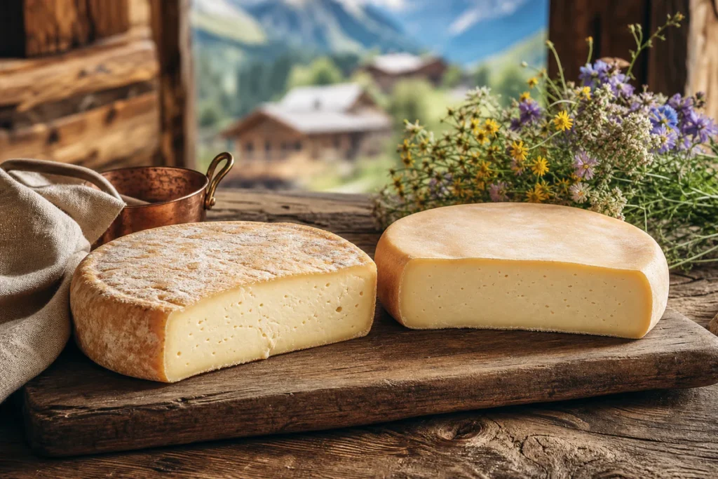 Two cut wheels of Reblochon cheese compared on a rustic Savoyard table with Alpine-inspired cheesemaking props.