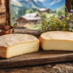Two cut wheels of Reblochon cheese compared on a rustic Savoyard table with Alpine-inspired cheesemaking props.