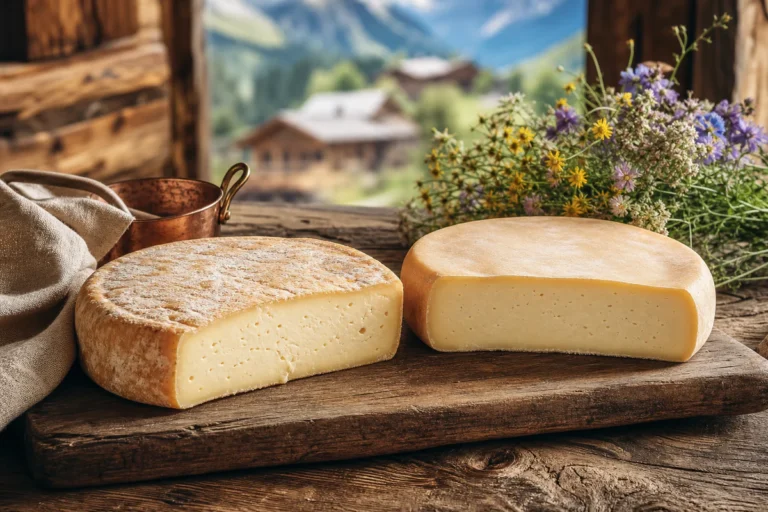 Two cut wheels of Reblochon cheese compared on a rustic Savoyard table with Alpine-inspired cheesemaking props.