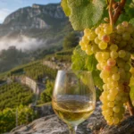 White wine grapes and a glass of pale Savoy wine set against alpine vineyard terraces in Savoie.