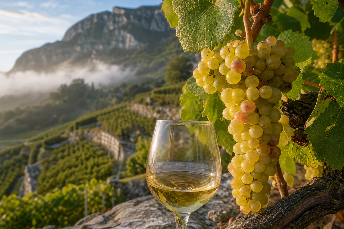 White wine grapes and a glass of pale Savoy wine set against alpine vineyard terraces in Savoie.